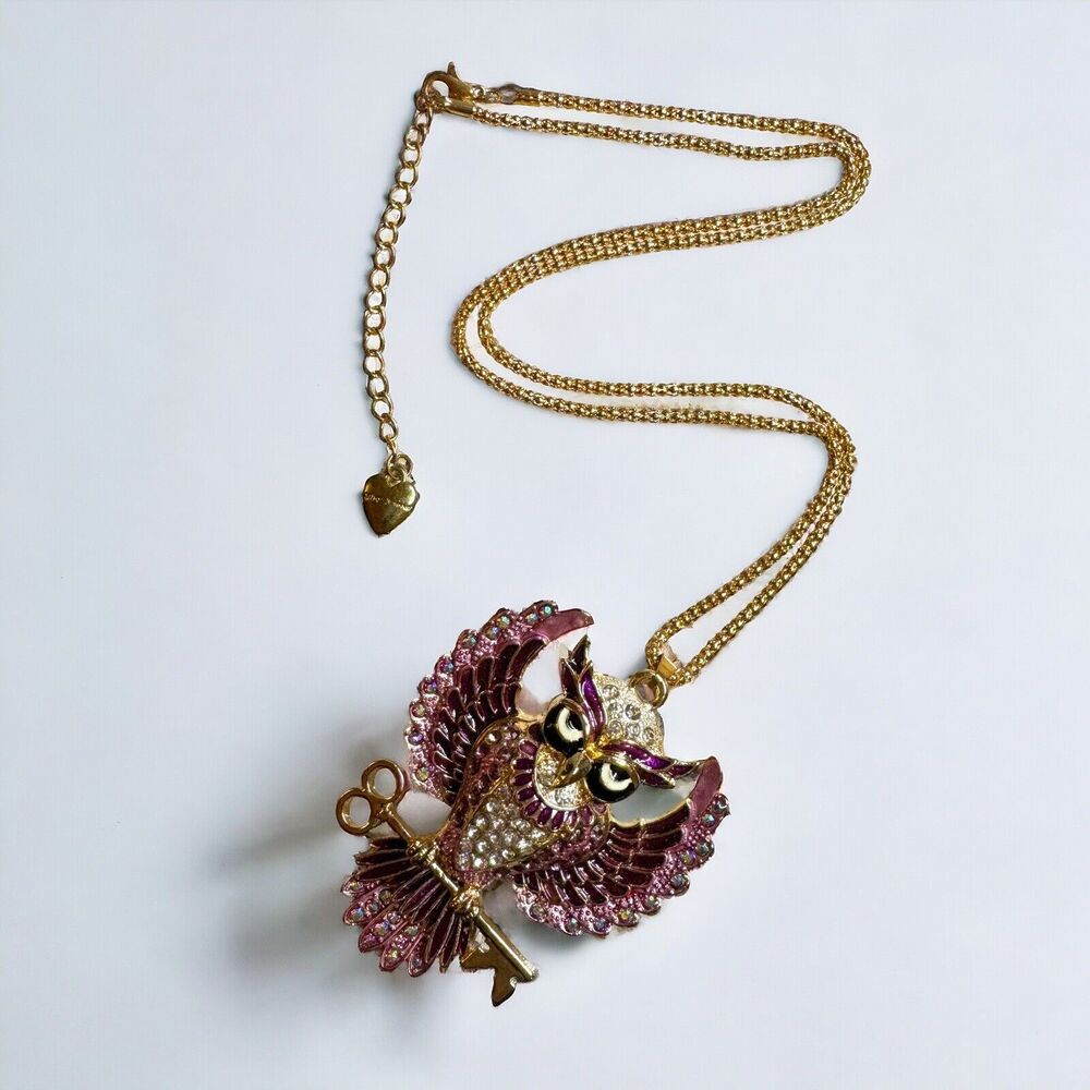 Betsey Johnson Gold Tone Pavé Rhinestone Owl Pendant Necklace Vintage Look